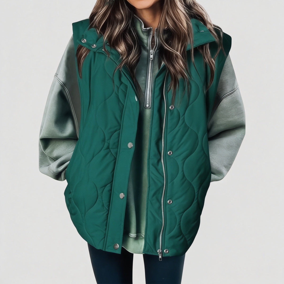 Women's Quilted Zip-Up Hooded Vest with Snap Buttons