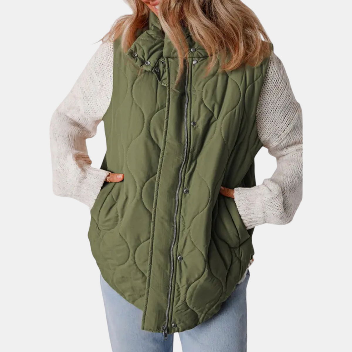 Women's Quilted Zip-Up Hooded Vest with Snap Buttons