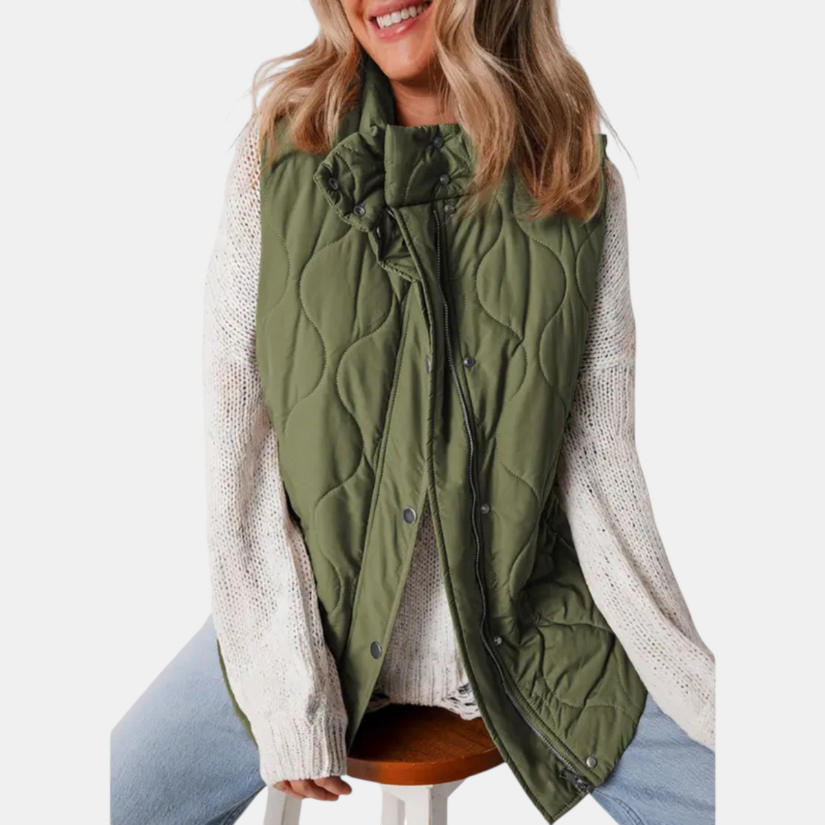 Women's Quilted Zip-Up Hooded Vest with Snap Buttons