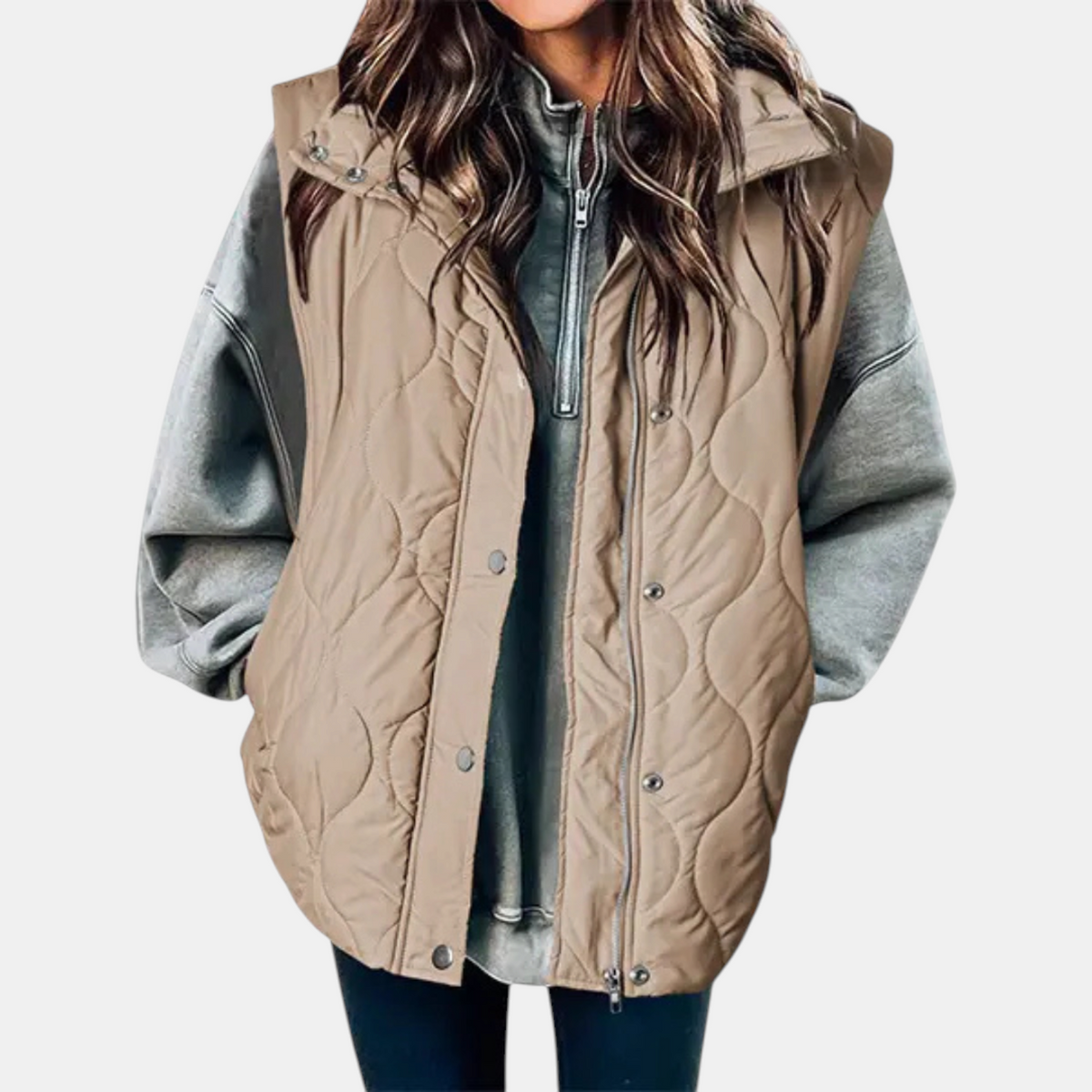 Women's Quilted Zip-Up Hooded Vest with Snap Buttons