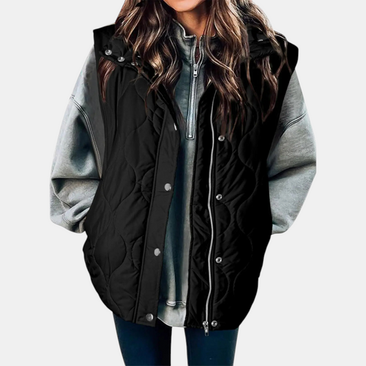 Women's Quilted Zip-Up Hooded Vest with Snap Buttons