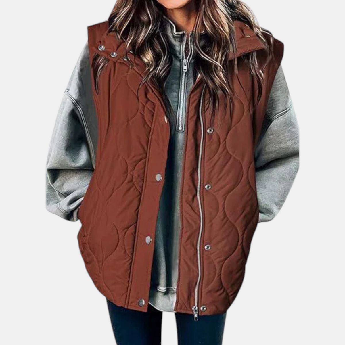 Women's Quilted Zip-Up Hooded Vest with Snap Buttons