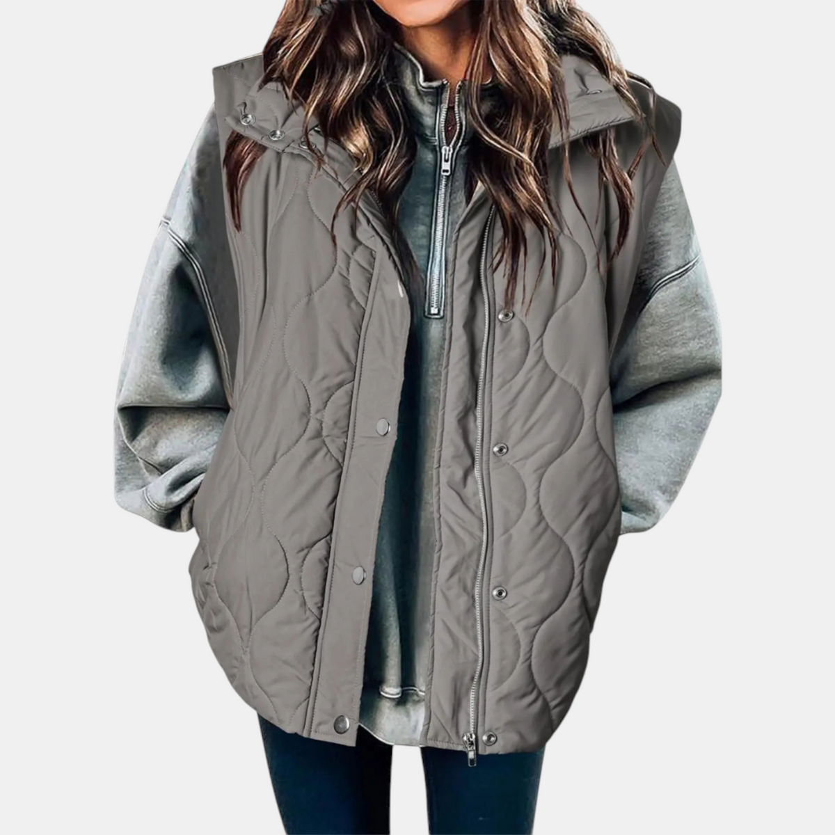 Women's Quilted Zip-Up Hooded Vest with Snap Buttons