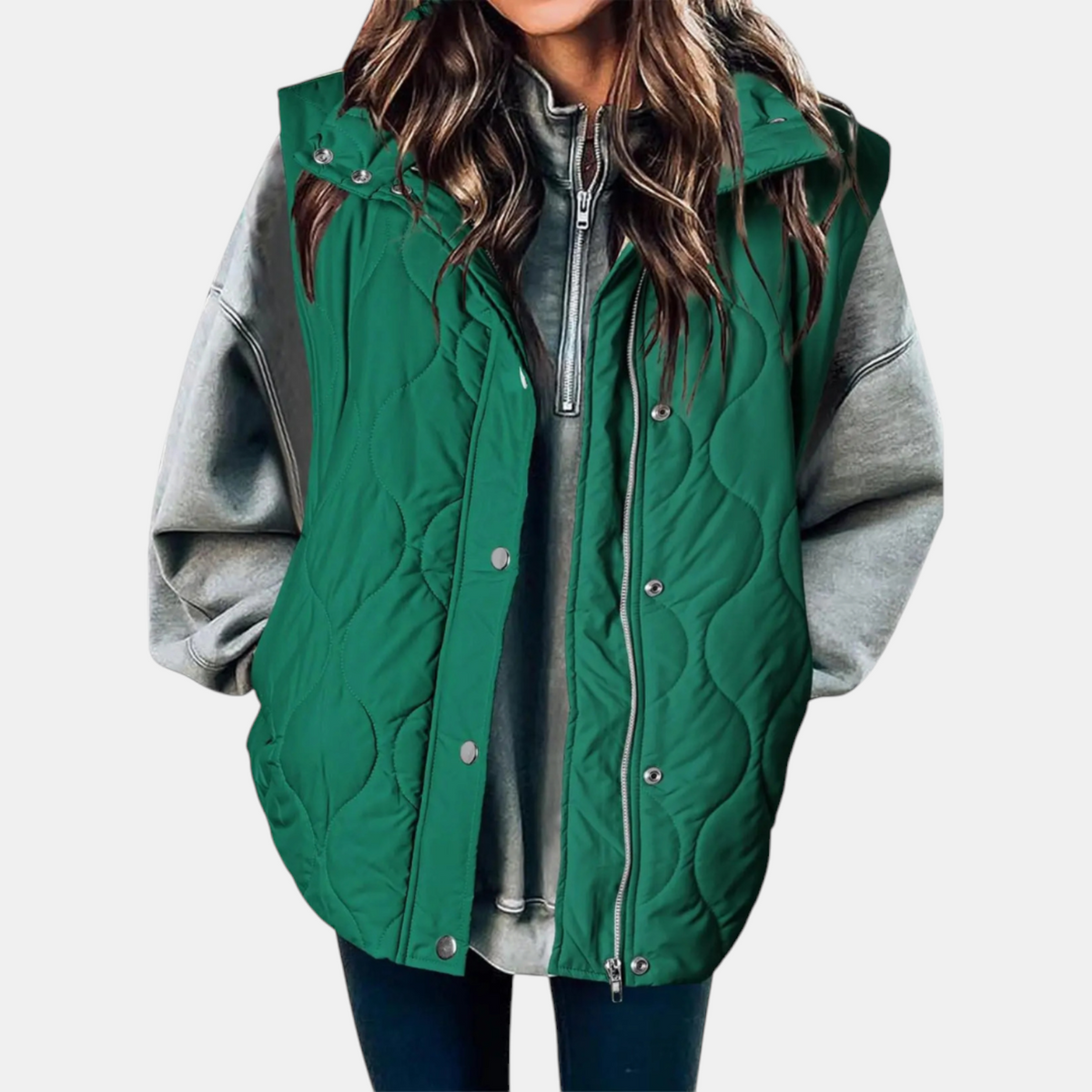 Women's Quilted Zip-Up Hooded Vest with Snap Buttons