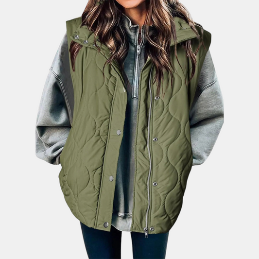 Women's Quilted Zip-Up Hooded Vest with Snap Buttons