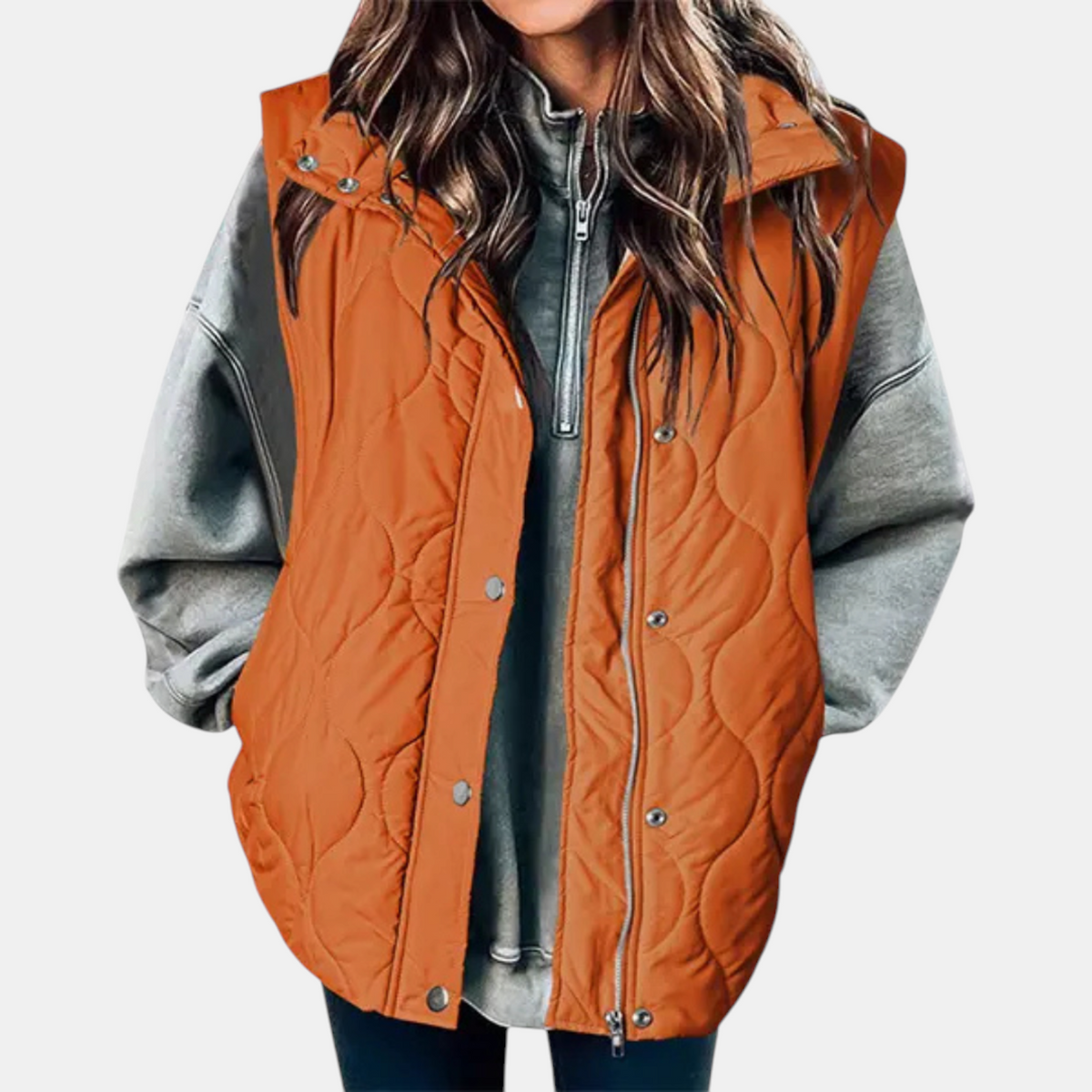 Women's Quilted Zip-Up Hooded Vest with Snap Buttons