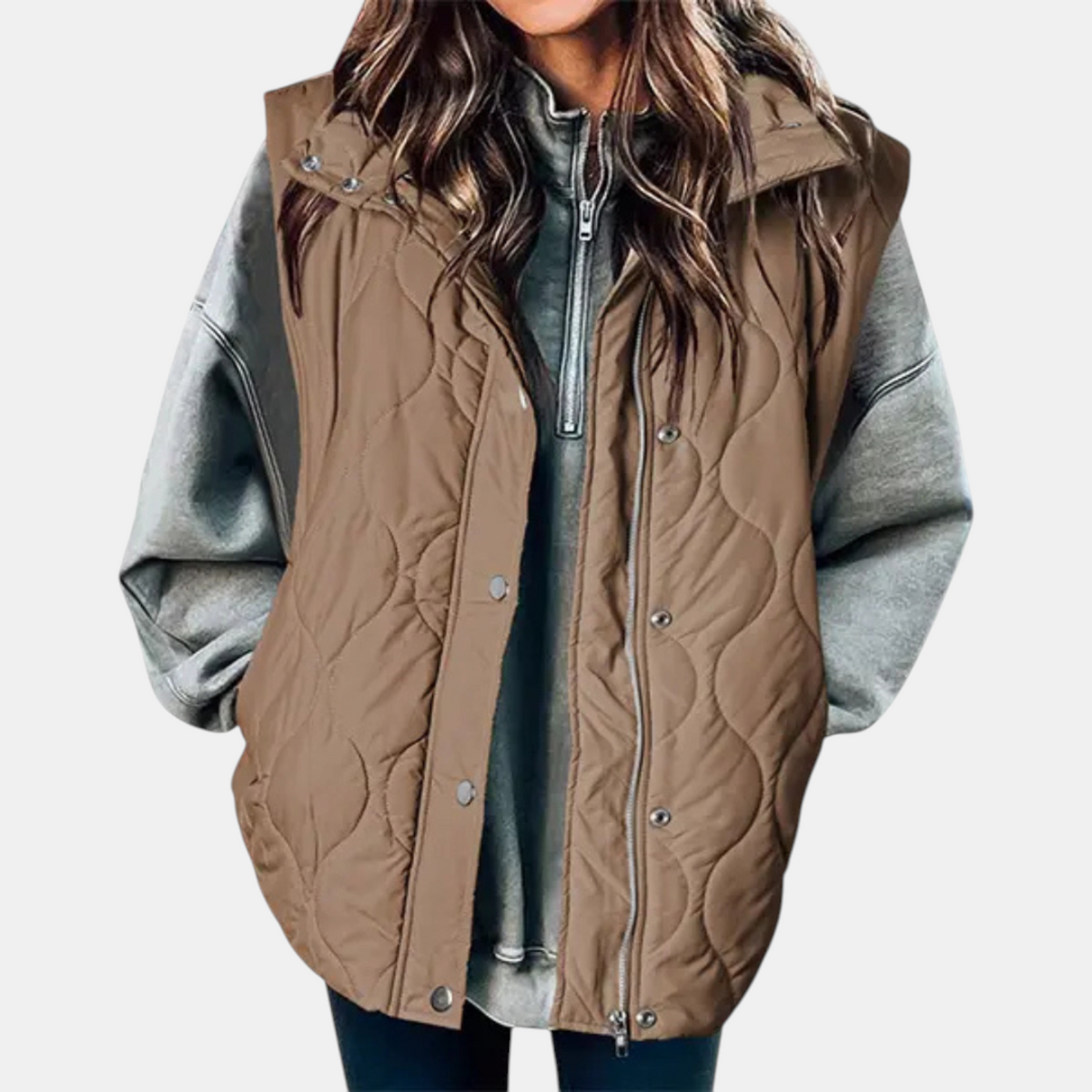 Women's Quilted Zip-Up Hooded Vest with Snap Buttons