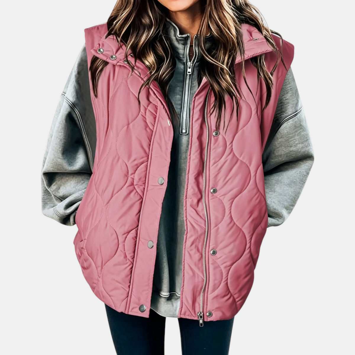 Women's Quilted Zip-Up Hooded Vest with Snap Buttons