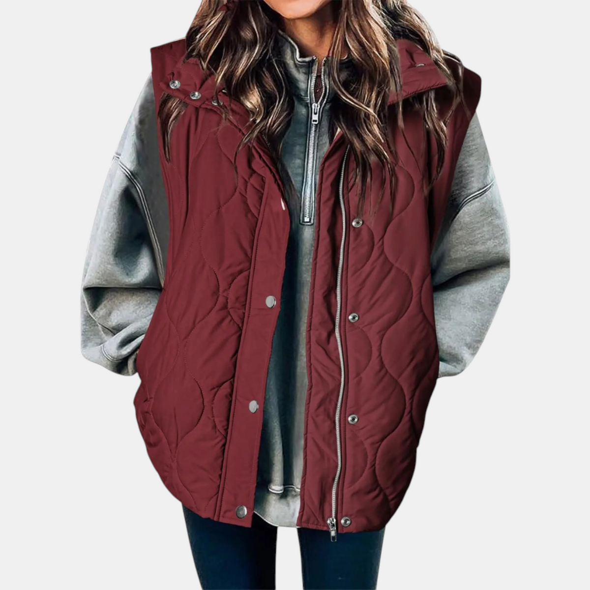 Women's Quilted Zip-Up Hooded Vest with Snap Buttons