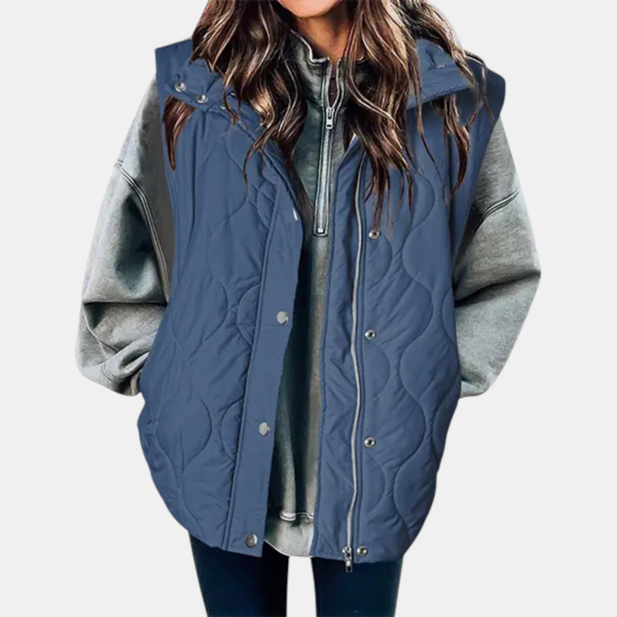 Women's Quilted Zip-Up Hooded Vest with Snap Buttons
