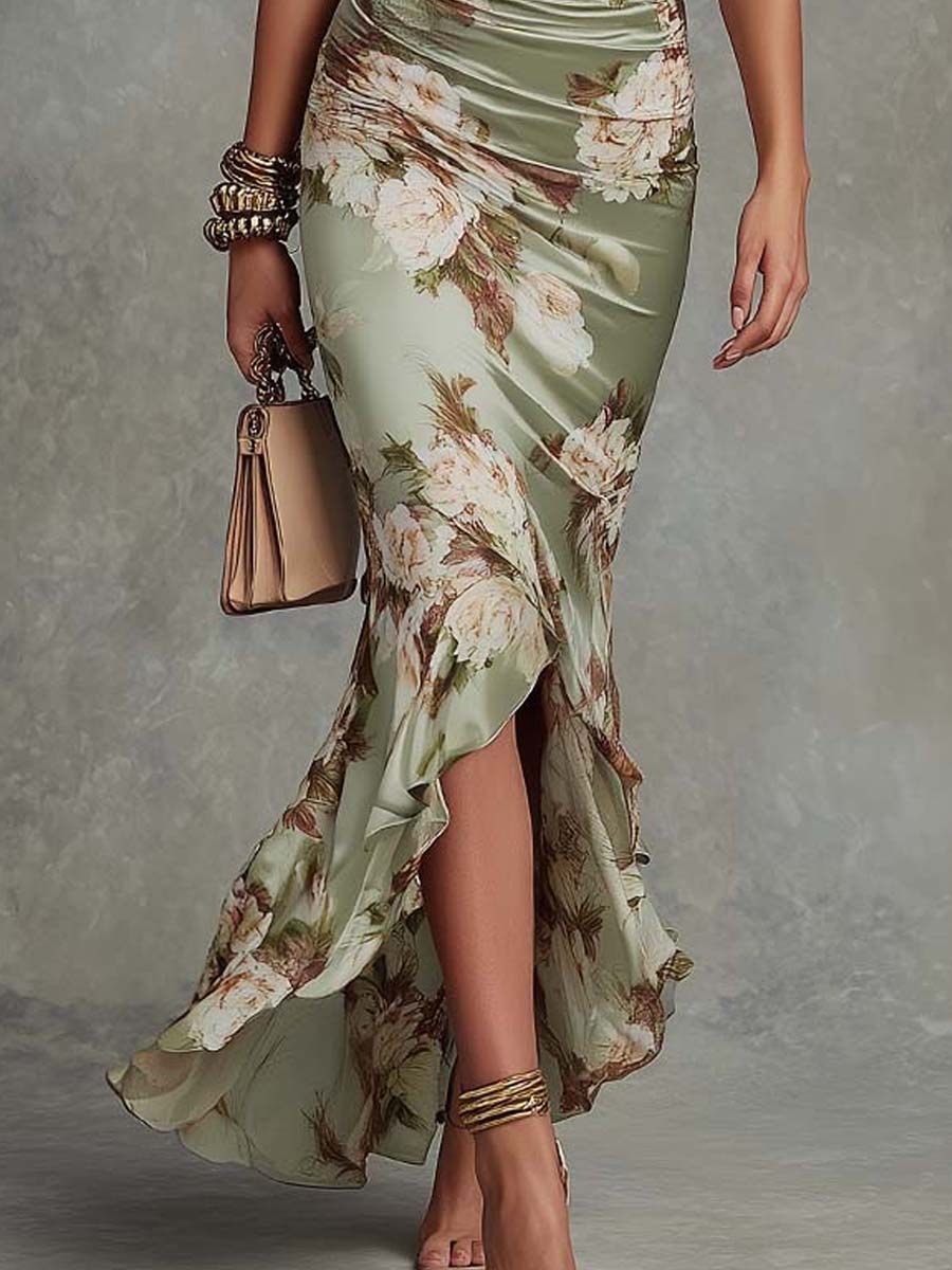 Margot Long Satin Dress with Floral Print