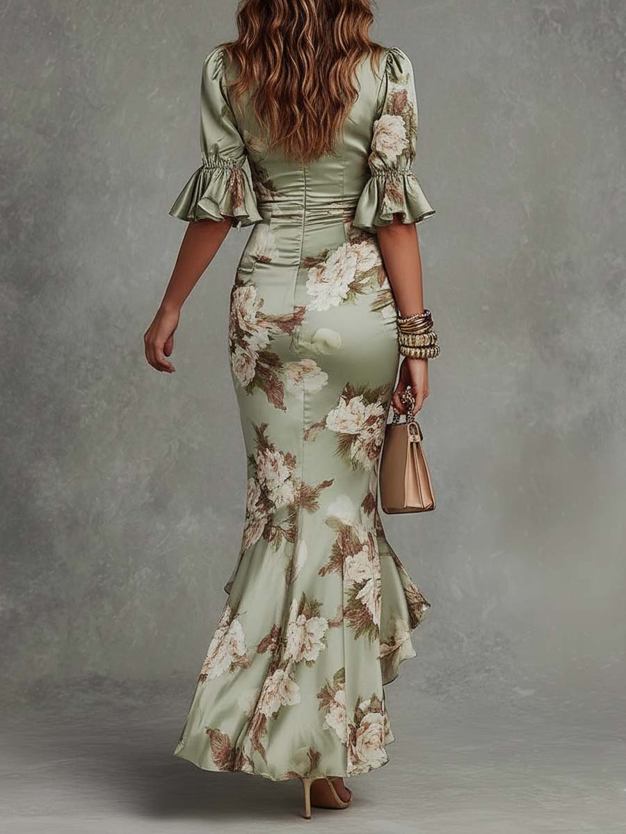 Margot Long Satin Dress with Floral Print