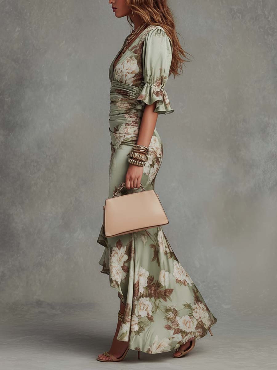 Margot Long Satin Dress with Floral Print
