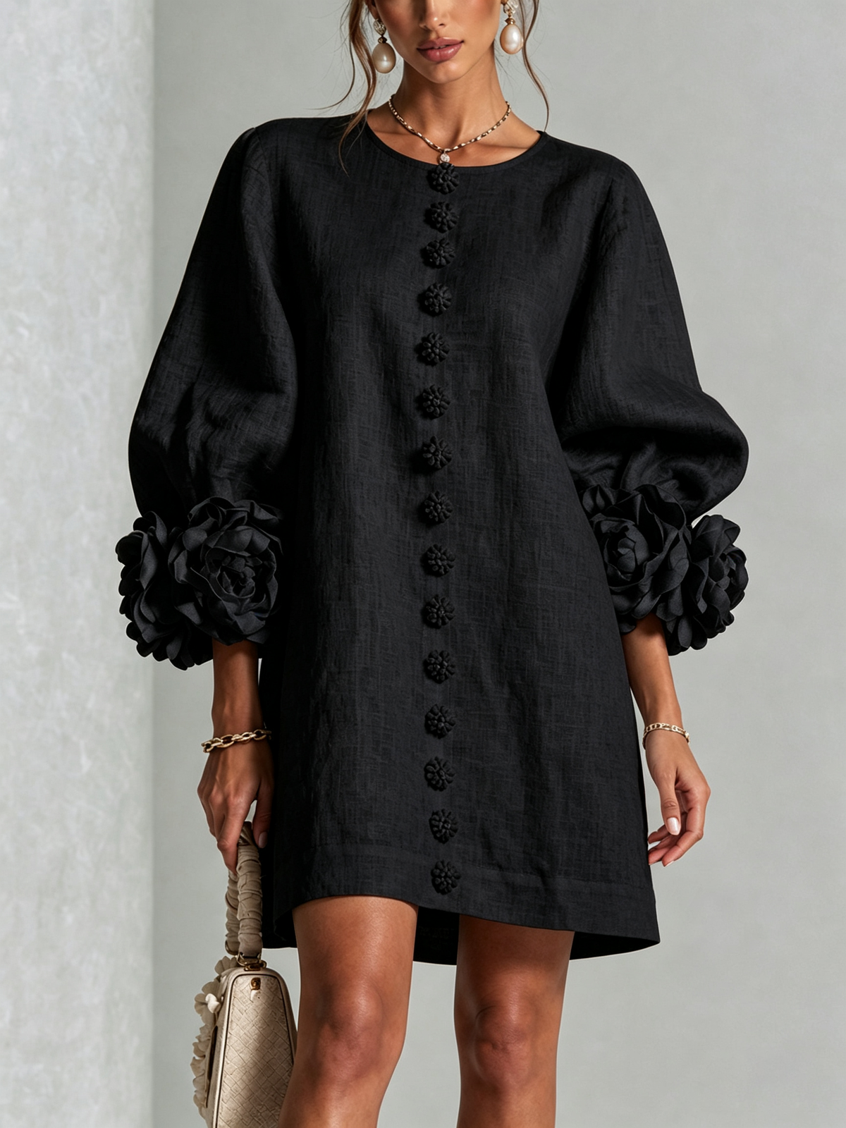 Alba | Mini Dress with Buttons and Floral Sleeves